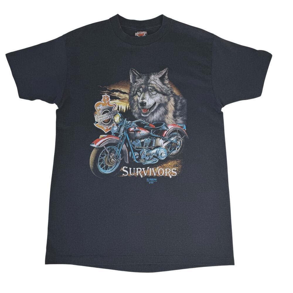 Vintage 1991 Harley Davidson Survivors Wolf 3D Single Stitch Made in USA Size L